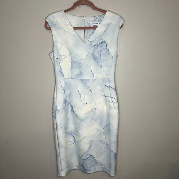 Calvin Klein Sheath Scuba Dress Size 10 White Blue Floral Work Career Event - Picture 1 of 7